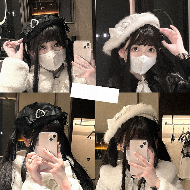 Béret en peluche Jirai Kei noir/blanc avec nœud papillon