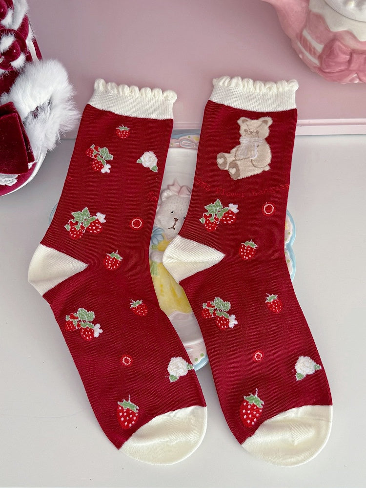 Strawberry Bear Socks Print Red/Purple/Black Lolita Calf Bunny