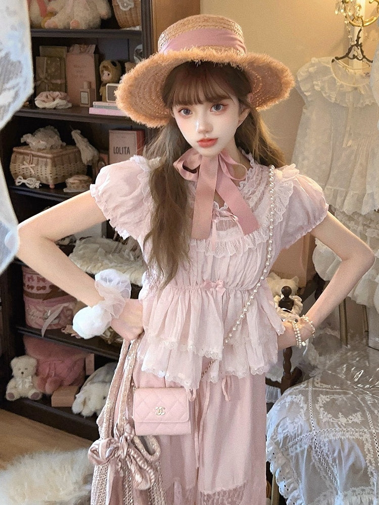 Lace Trim Hem With Peplum Top Puff Pink Sleeves