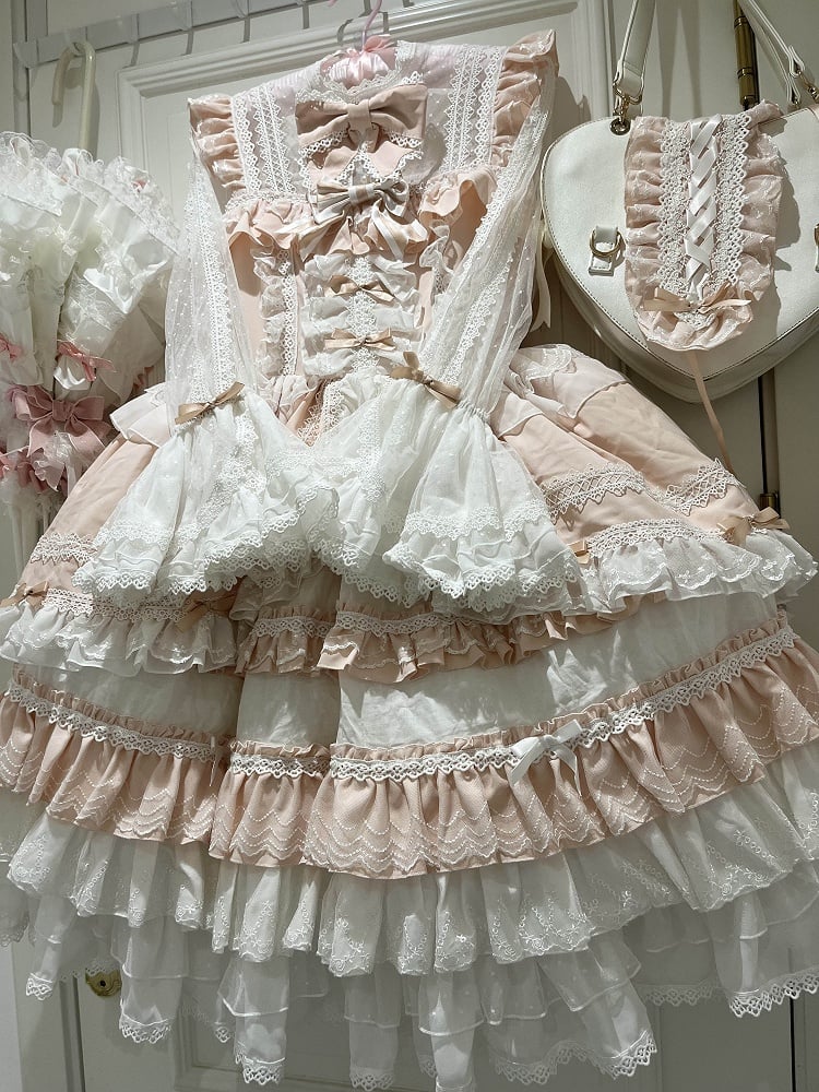 Piece Pink Bowknots Skirt Hime Lolita Dress Sweet Bell Sleeves Layered Bodice on One