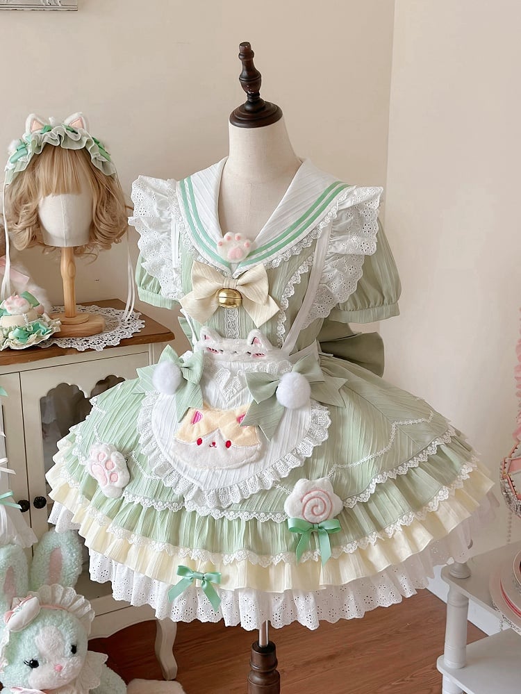 Heart Lolita Green Apron with Maid Matcha Collar Sweet Sailor Kitty-themed Dress