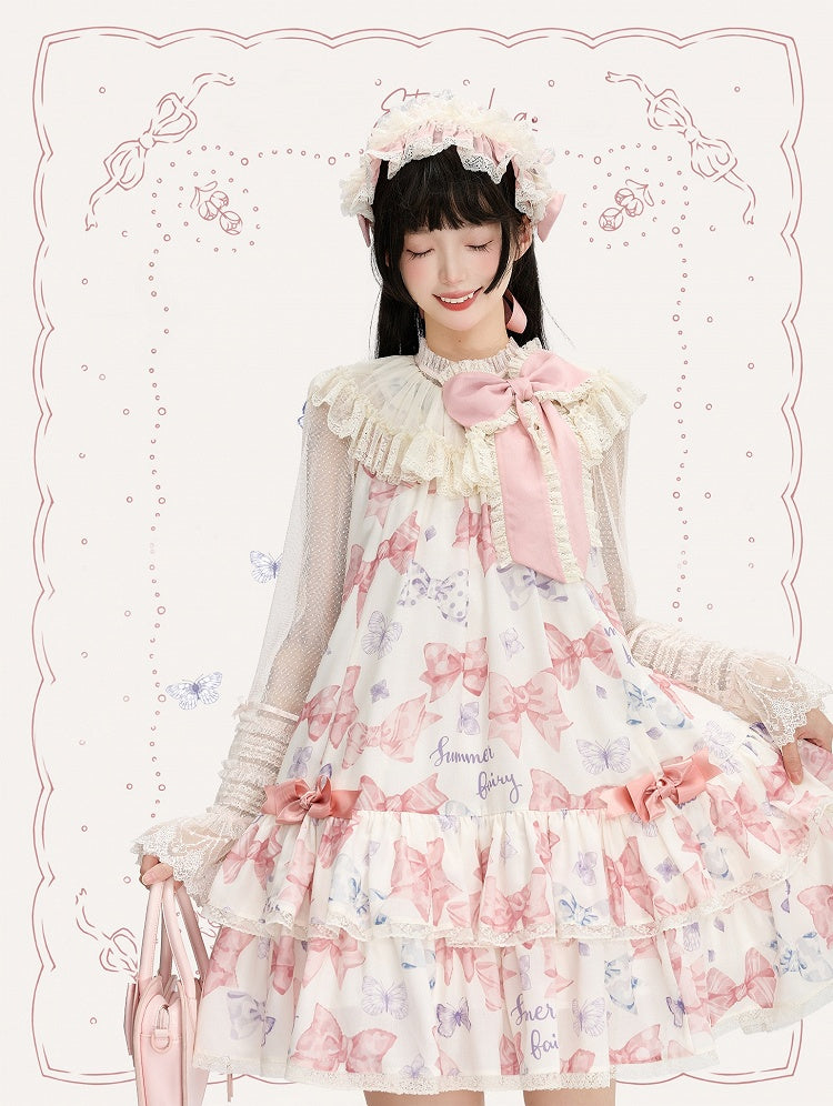 Rosa Lolita-Kleid mit großer Schleife am Ausschnitt und Schleifen, doppellagig