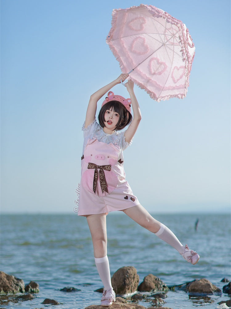 Adorable Piggy Pattern Bubble Shorts Overalls Pink