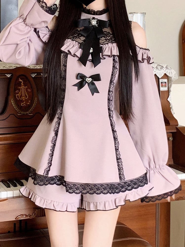 Illusionsrock-Ausschnitt, Cutout an den Schultern, Shorts, Minikleid, Jirai Kei, schwarzes Rüschenset mit Lila
