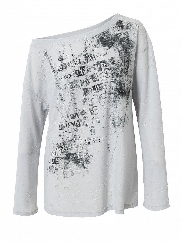 Wasteland Punk Letter Long Top Asymmetrical Blue/Beige Sleeves Neckline Print