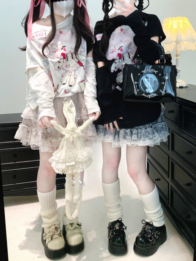 Double-Layered Jirai Kei Lace Black/White/Pink Bunny Ears Design Skirt
