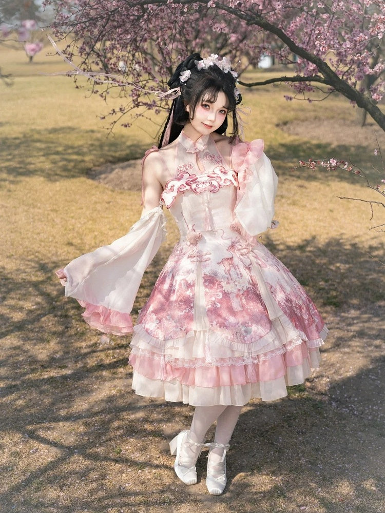 Dress Qi Cheongsam Sakura Skirt Lolita Print Jumper Pink Style