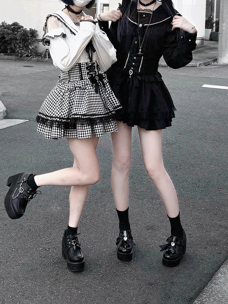 Pendant Trim Blouse Lace with Jirai Kei Black/White Sailor Collar Cutout Choker Shoulder Heart