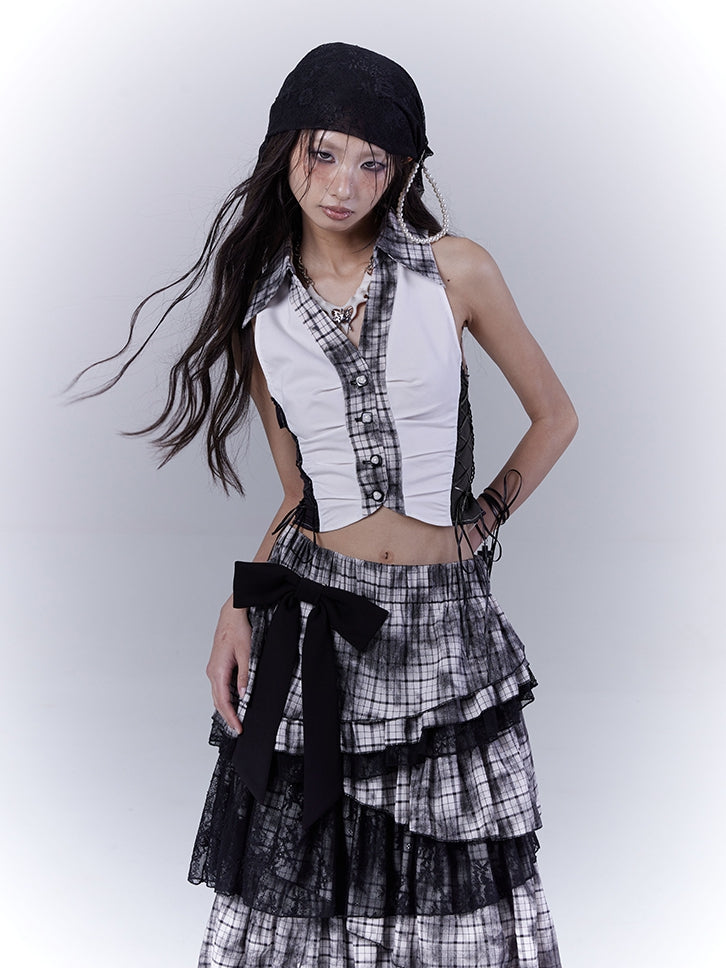 Shirt Black Plaid Collar Side Pattern Cropped Sleeveless Top with Lace-up Details