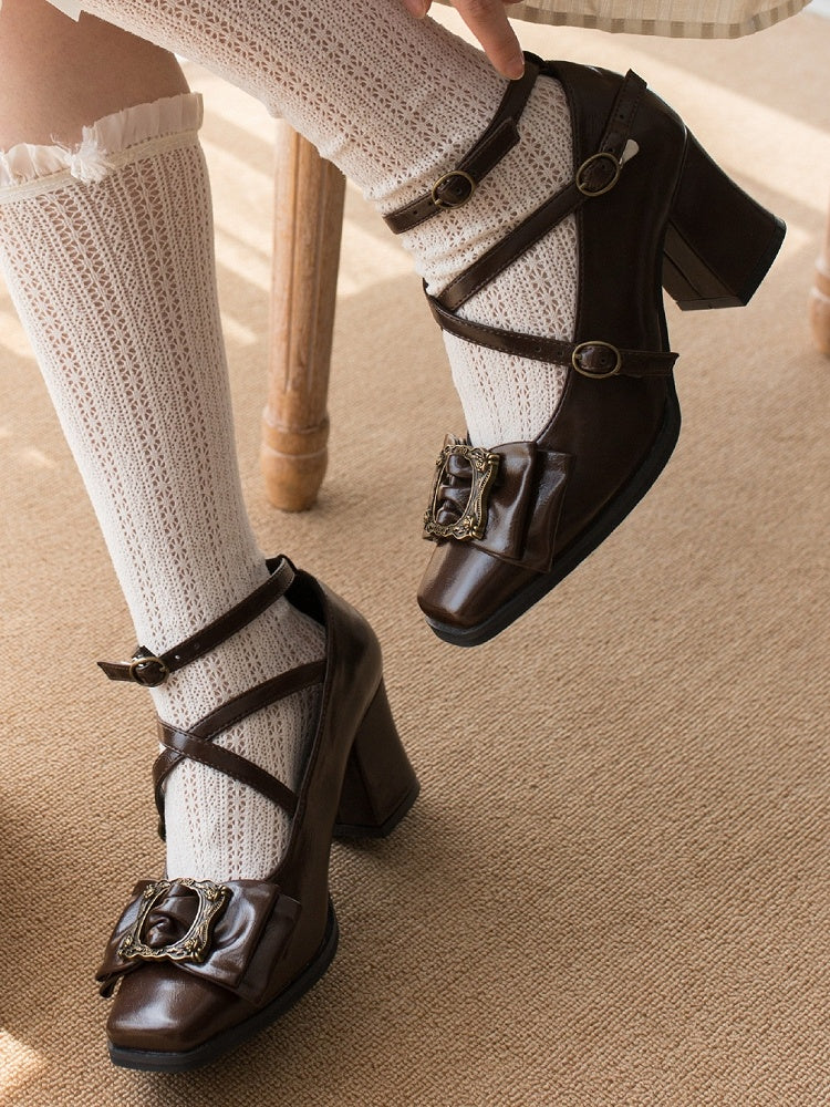 Toe Picture Heels Middle Crisscross at Square Frame - Straps Design Bow Buckle Elegant Top Brown Lolita