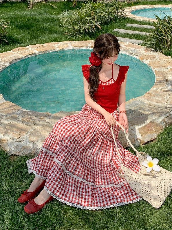 Faux Tank Top Neckline Embroidery Red Halter Neck Flutter Sleeves Cherry Two-pieces