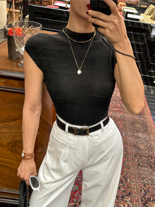 ヴィンテージ ブラック ブルー ノースリーブ ニット トップ