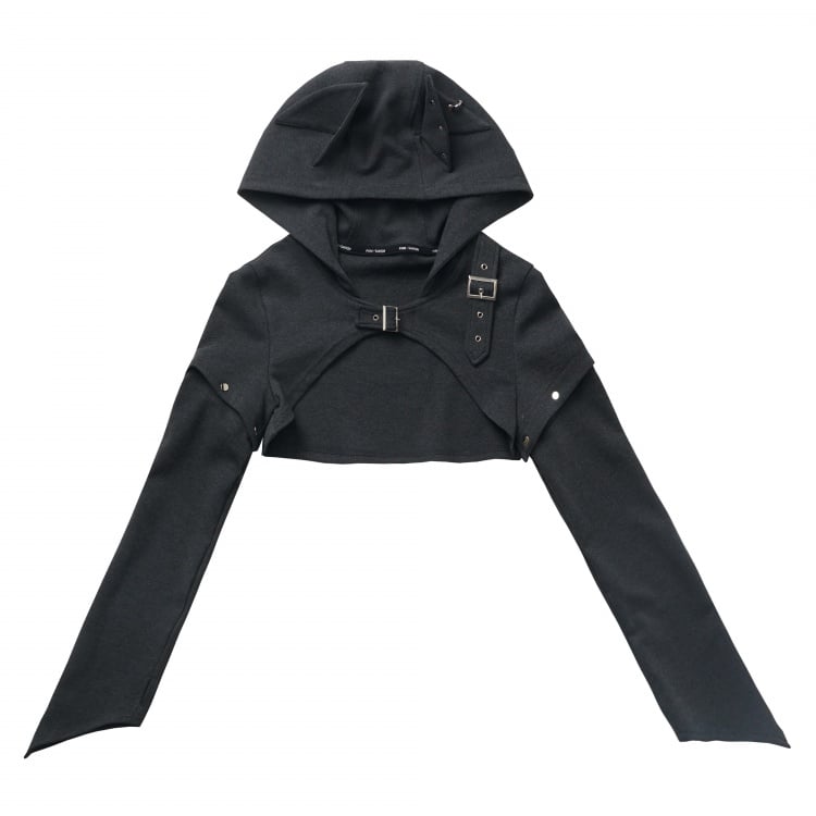 ダークグレーのウルフイヤーフード付きクロップドトップ