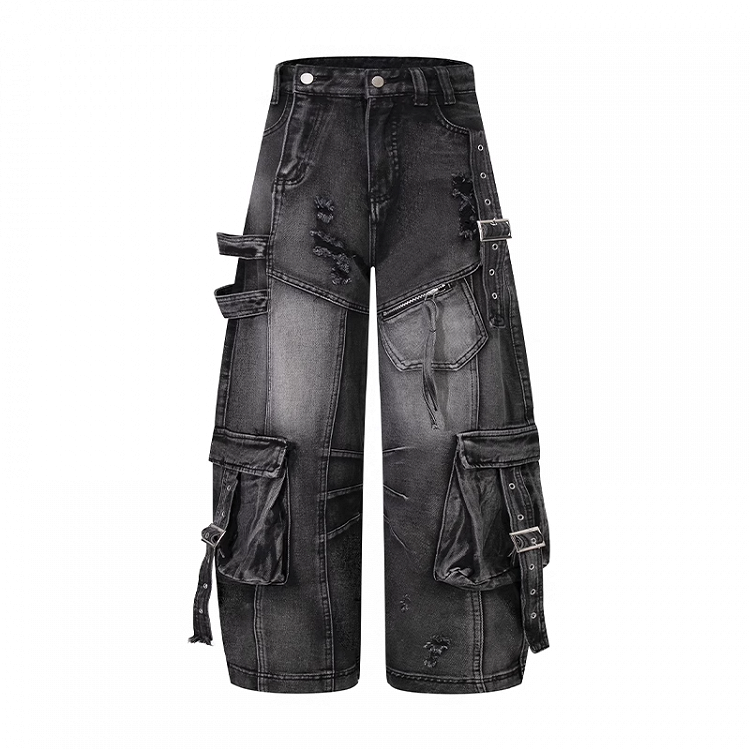 Jeans Rise Faded Wash Distressed Holes Wide-leg Cargo Black Low