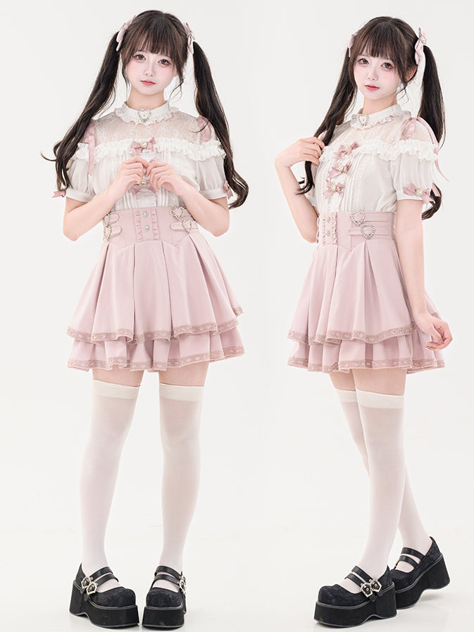 Bowknot Short Jirai Rhinestone Shirt Pleating Pink Details Sleeves Decorated Kei Heart