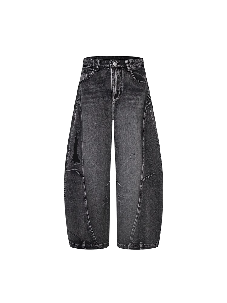 Vintage Waist Distressed Holes Black Low Wide-leg Jeans