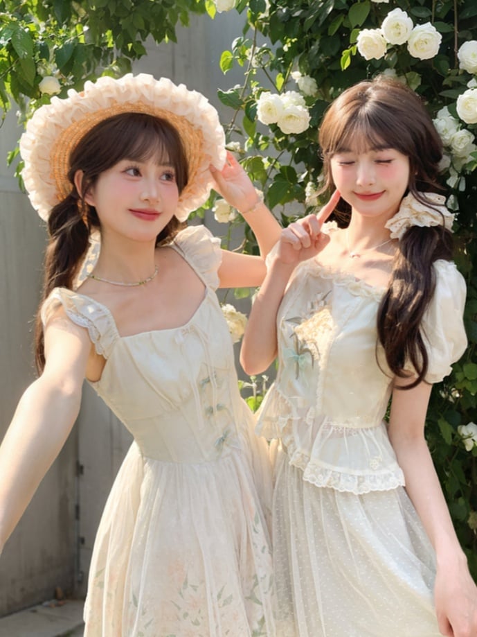 メッシュオーバーレイ リリープリント ドレス ベージュ フラッタースリーブ バスクウエスト