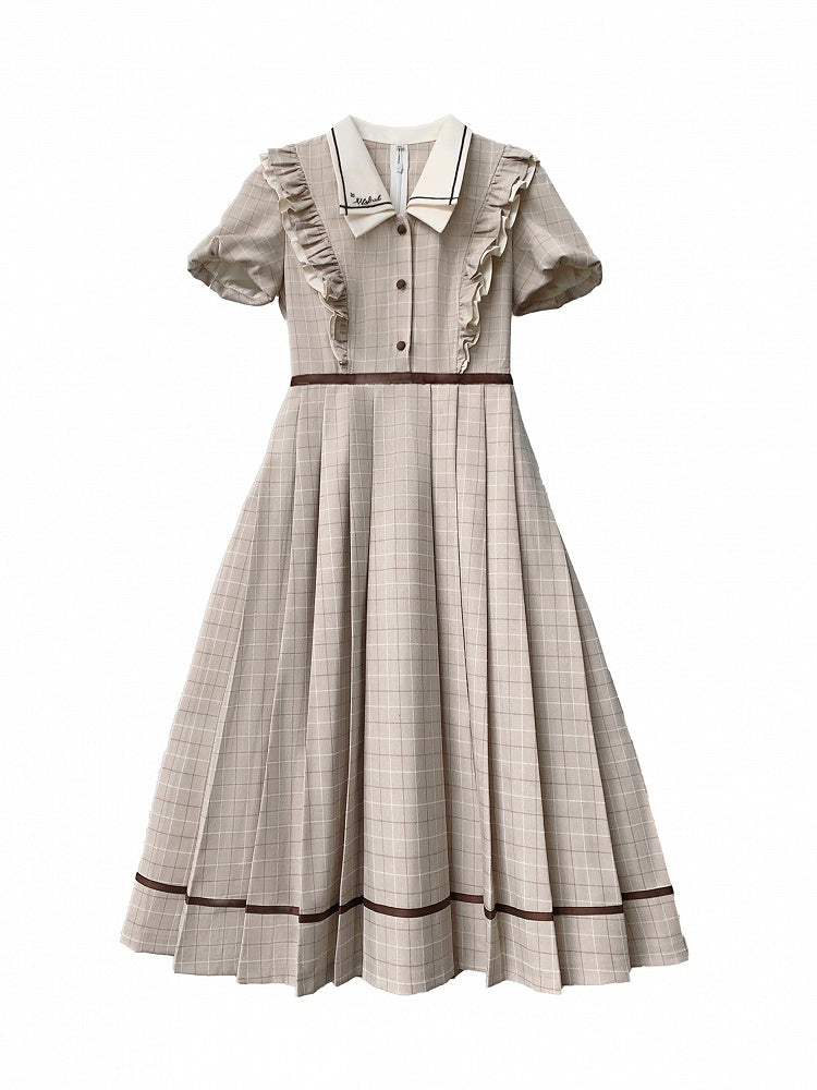Elegantes, kariertes Kleid mit Puffärmeln und plissiertem Rock in Kaffeebraun