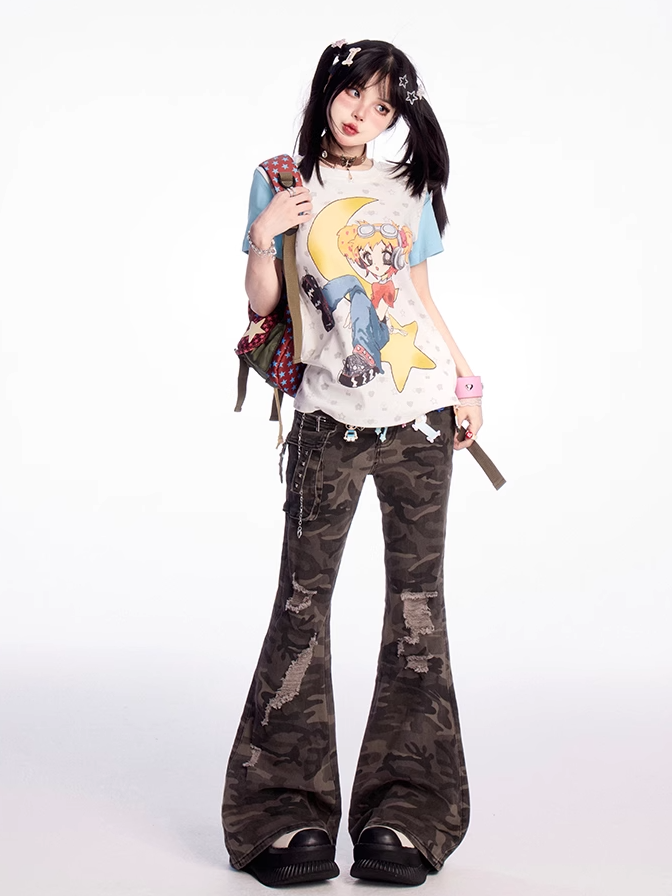 Camouflage Low Flared Cargo Pants Rise Distressed Holes