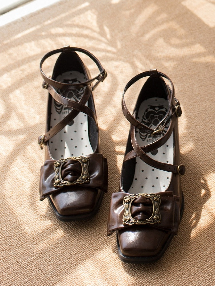 Toe Picture Heels Middle Crisscross at Square Frame - Straps Design Bow Buckle Elegant Top Brown Lolita