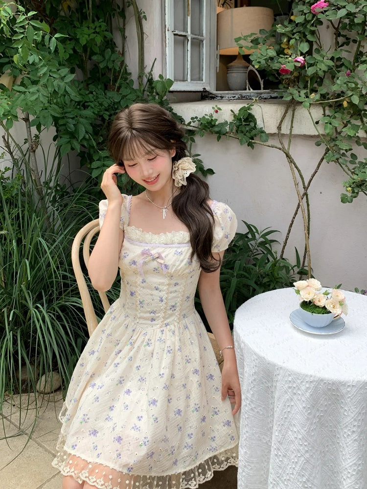 Kei Floral Dress Mori Beige Square Neckline and Short Puff Sleeves