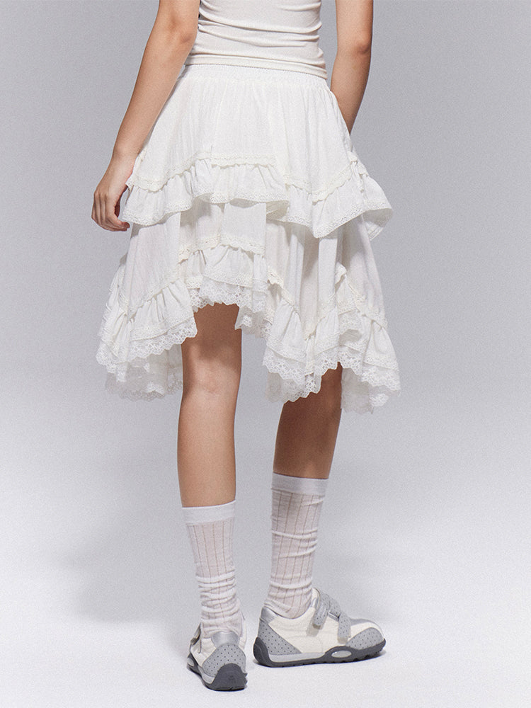 Waist Elastic with Gothic Trim Lace Skirt Tiered White