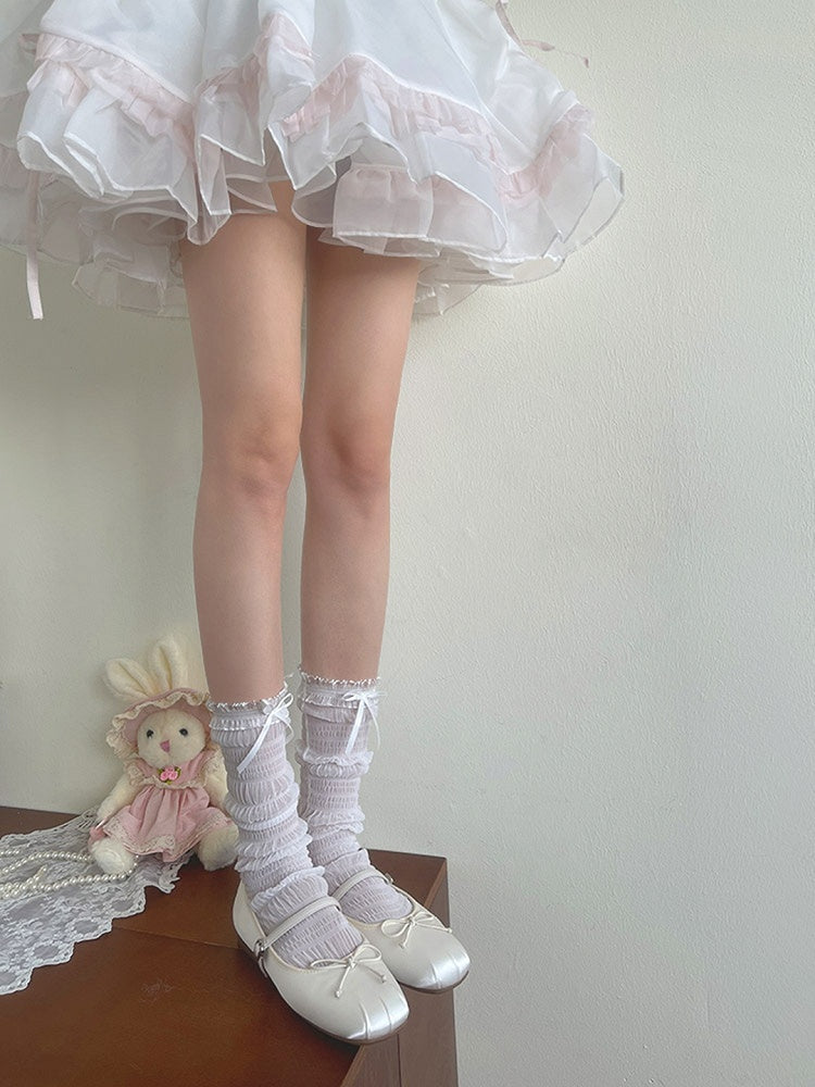 Socks Bowknot Tulle Lace Details White/Black Ruffled