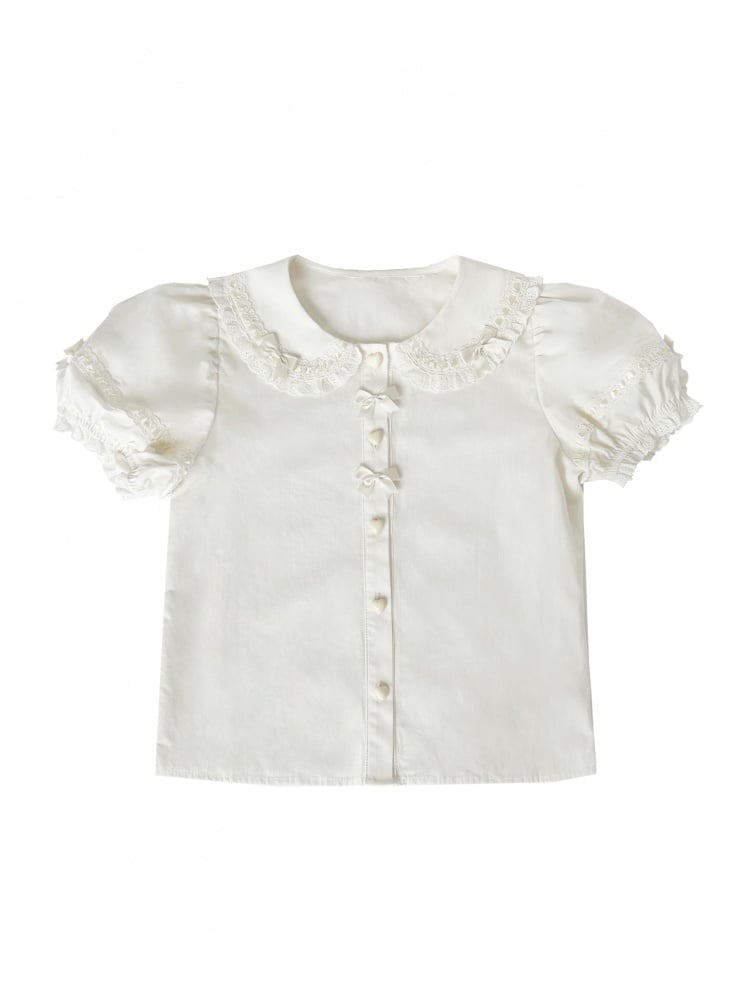 Süße Lolita-Bluse mit weißen Puffärmeln und Herzknöpfen