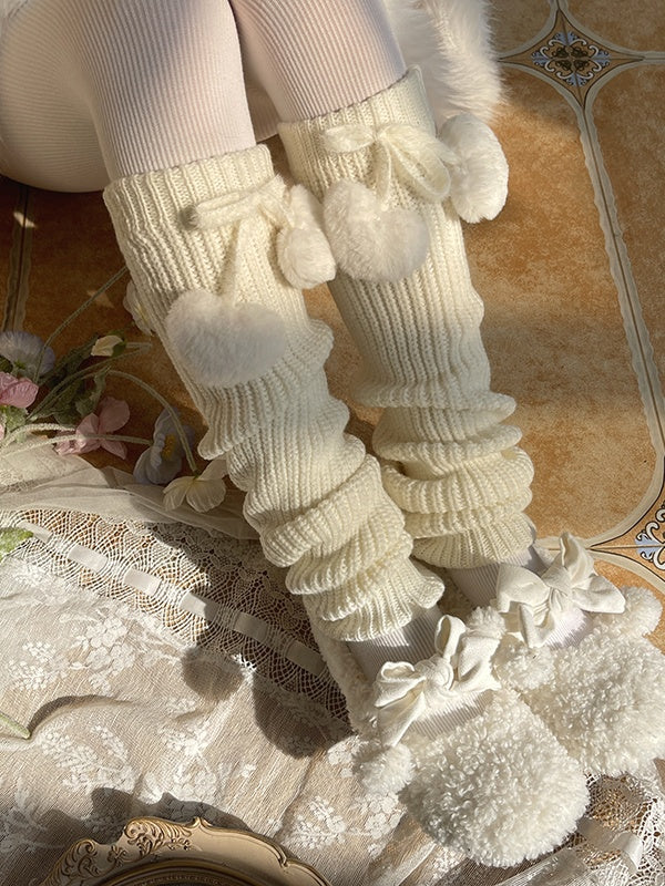 White Sweet Knitted Leg Warmers With Heart-shaped Pompons