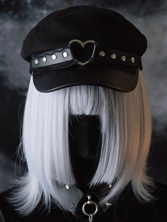 Ring Black Gothic Studs Lace Hat Beret Details Trim Heart