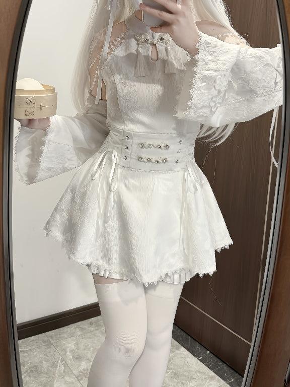 Jirai Kei White Jacquard Cheongsam with Set Detacable Collar Waist Chain+Lace-up Top Beaded Shorts