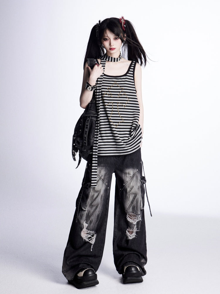 with Free Black and Gray Stripes Studded Cross Vintage Scarf Tank Top