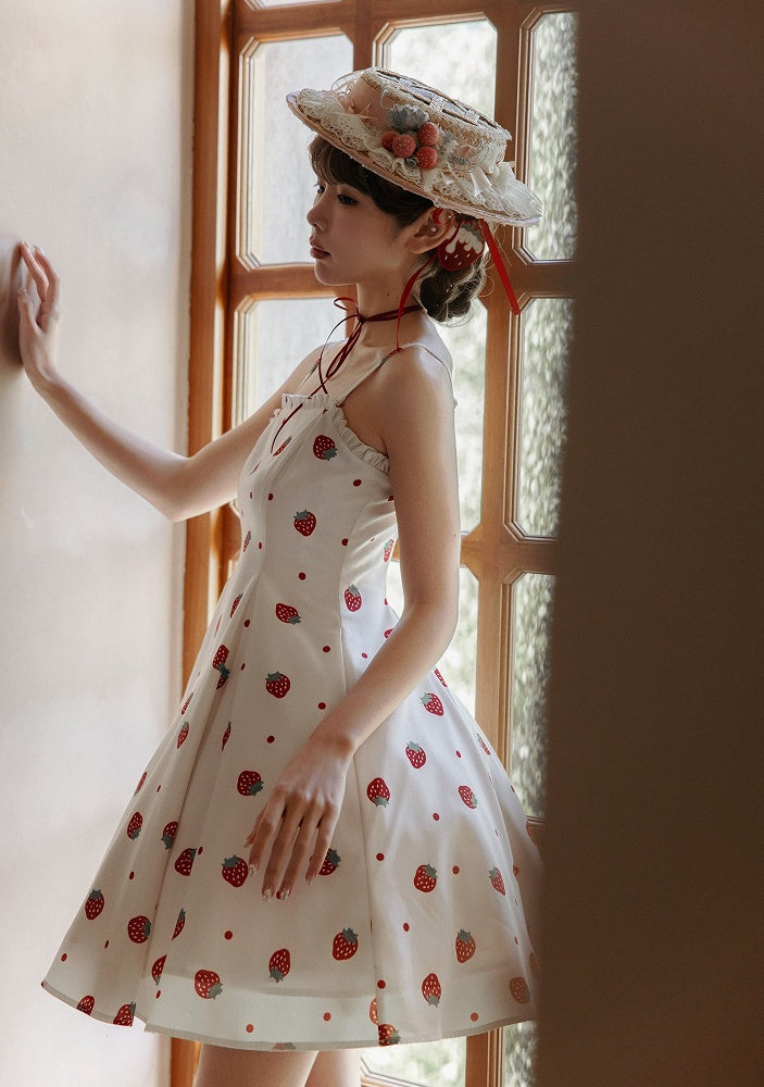 and White JSK Sweet Dress Polka Dots Summer Lolita Strawberry Sun Print