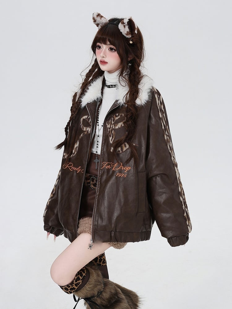 Brown Bowknot and Letter Detachable Plush Collar Jacket