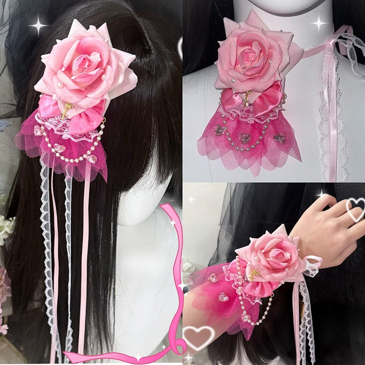 Charm Floral Pink Hairclip/Choker/Bracelet Beaded