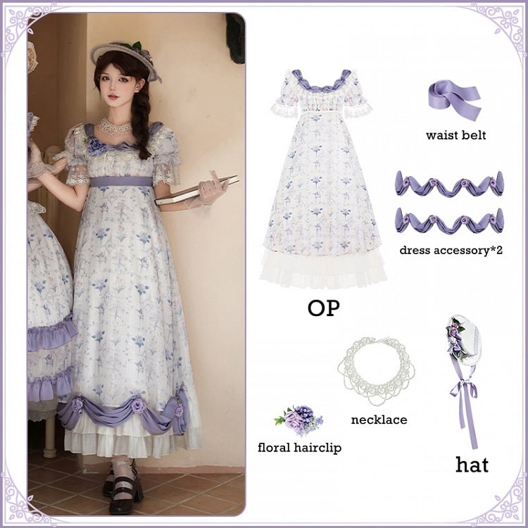 Set Dress Neckline Iris Lolita Floral Elegant Empire Print Square Waist OP Full