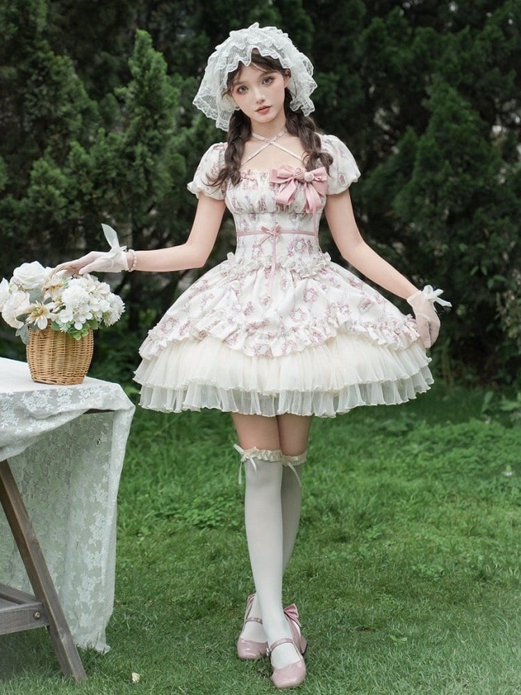 Full Version Rosette Short Classic Square Set Lolita Elastic Neckline OP Print