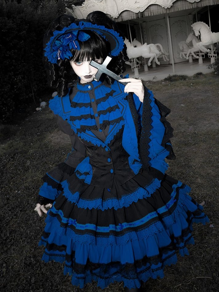 Waistcoat Skirt Gothic and Shirt + Sleeves Lolita High Waist Blue Black Bell - Set Klein