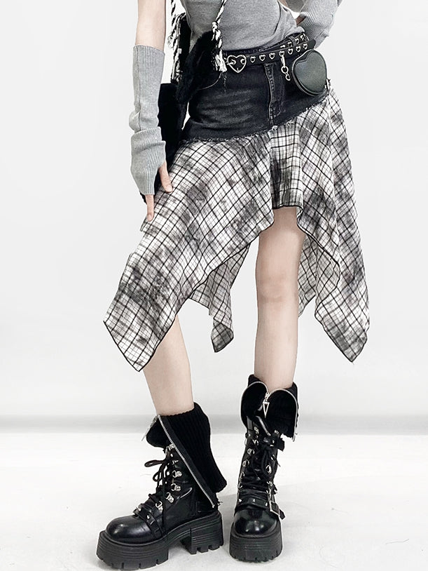 Plaid Handkerchief BlackWhite Y2K Pattern Skirt Hem