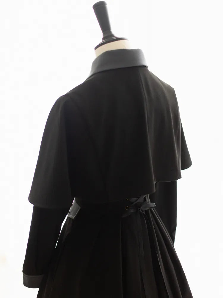 Detachable Retro Cape Black Bronze-tone Buttons Fashion Placket Dress Front Design Elegant