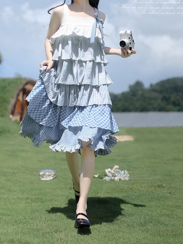 Blau mit Patchwork Urlaub Taille ärmelloses Kleid Stufenrock Gürtel
