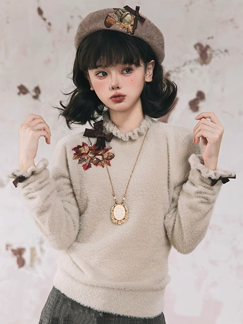 Autumn Top Bowknot Cuffs Neckline Embroidery Knit on Leaf Maple Khaki