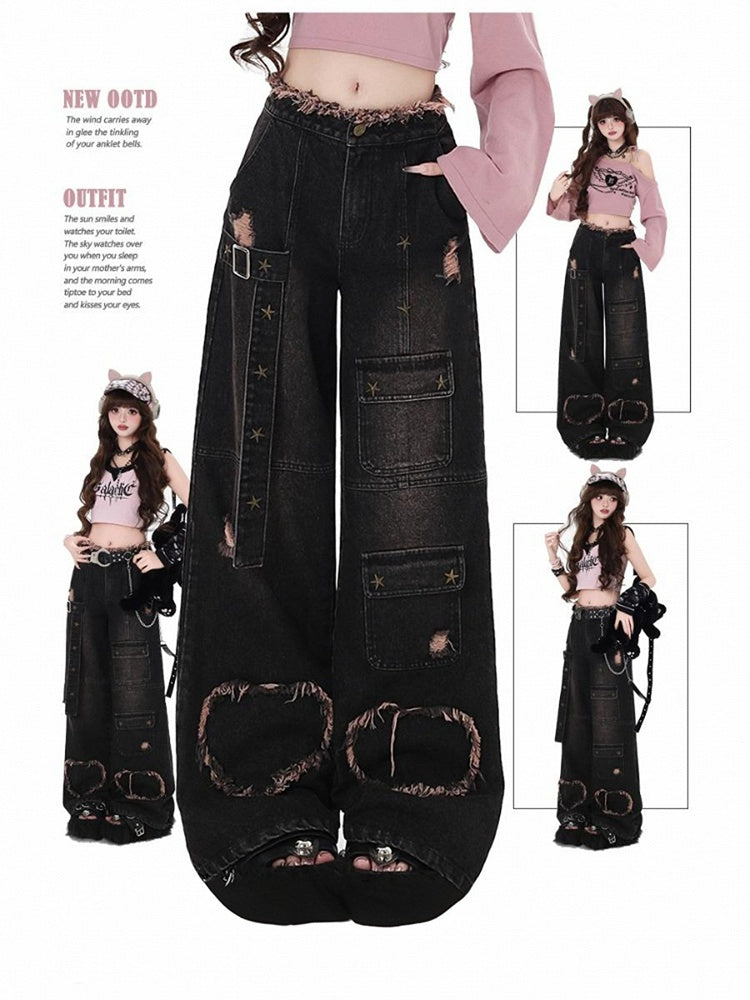 Holes Wide-leg Black Cut Distressed Y2K Jeans