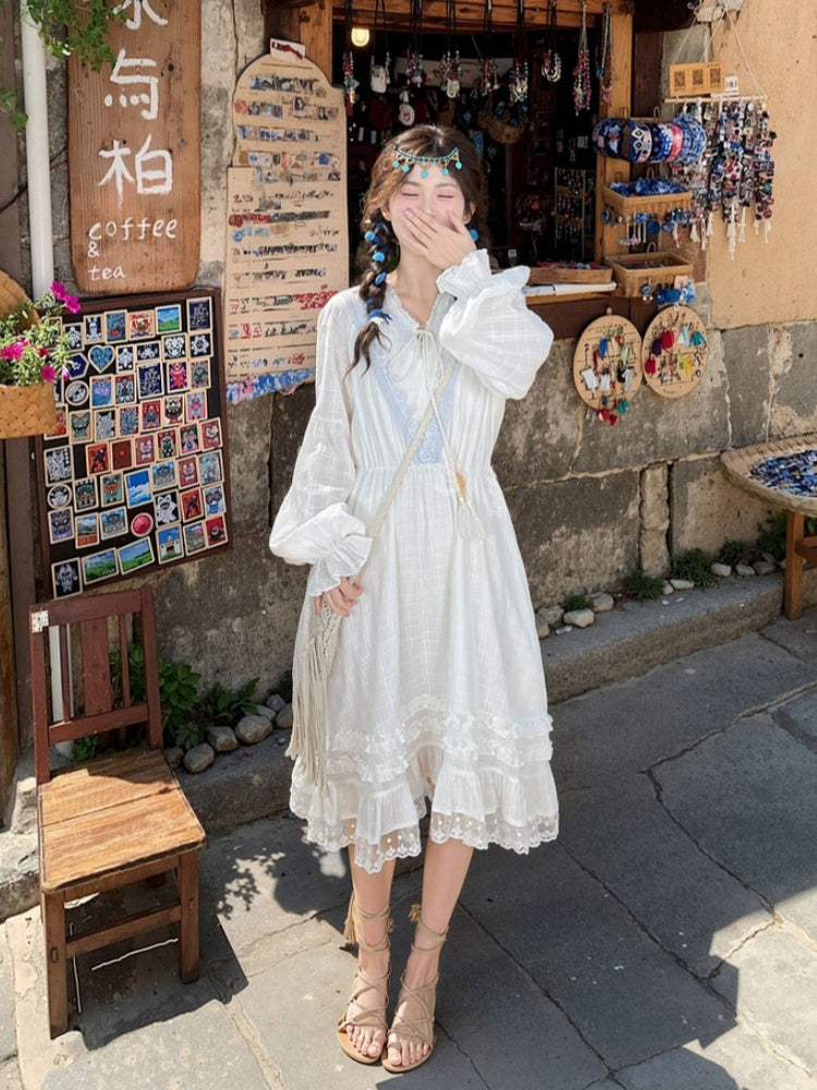 バージョン ホワイト Vネック レーストリム ドレス タッセル ドローストリングデザイン レギュラー/ロング