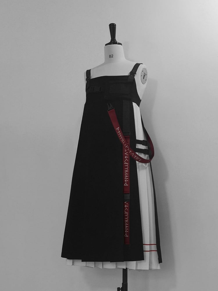 Futuristic and Dress Buckle Details White Black Techwear JSK Pleated