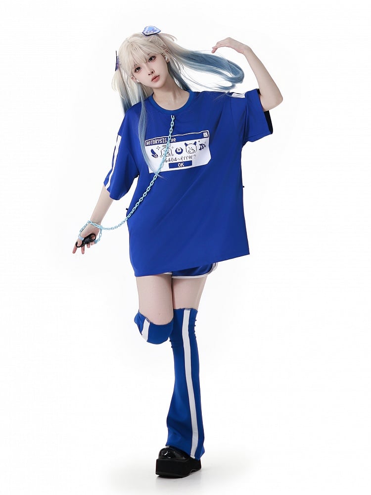 Blue White and Elastic Waist Sports Shorts