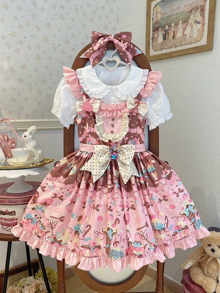 Print Sweet and Waist Dessert Lolita Bunny High Dress Pink