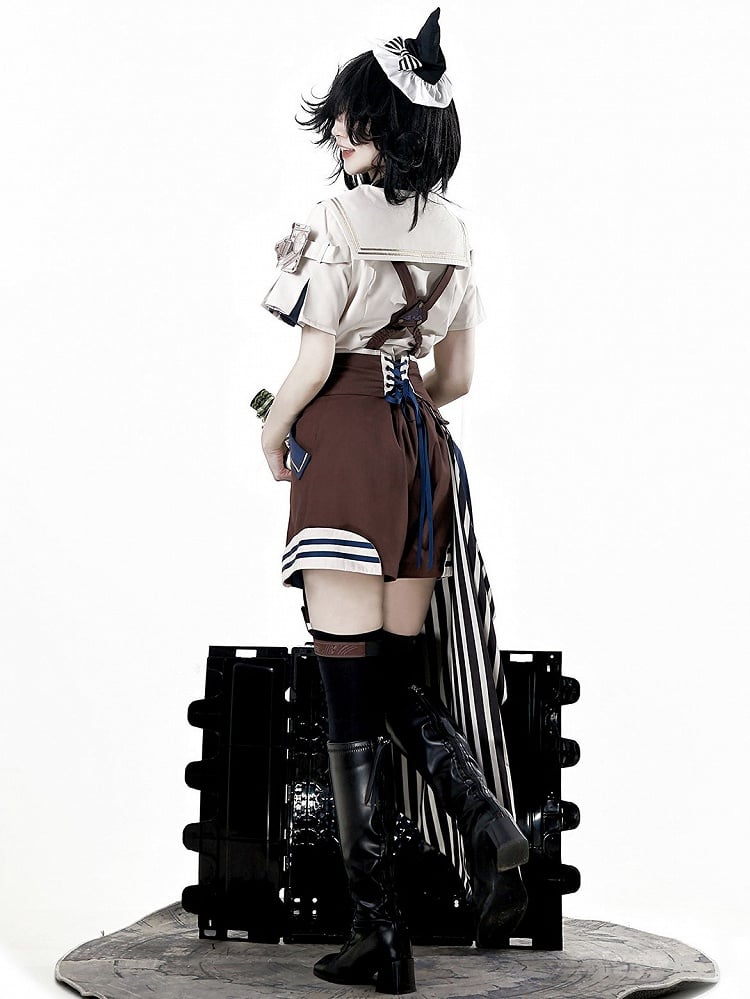 Train Shirt Blue Sailor Overall + Collar Shorts Ouji Steampunk Striped Brown Outfit Lolita -