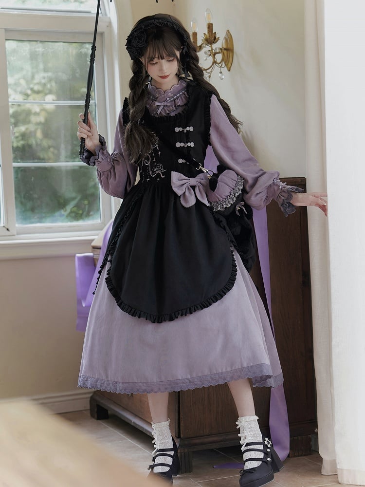Lilafarbenes Han Lolita-Kleid mit gekreuztem Ausschnitt und Kordelzug