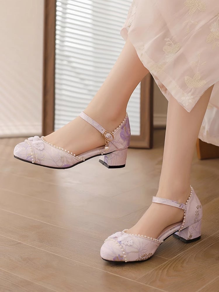 Top Details Beads at Heel Lolita Qi 4cm Frog Satin Sandals Button Purple